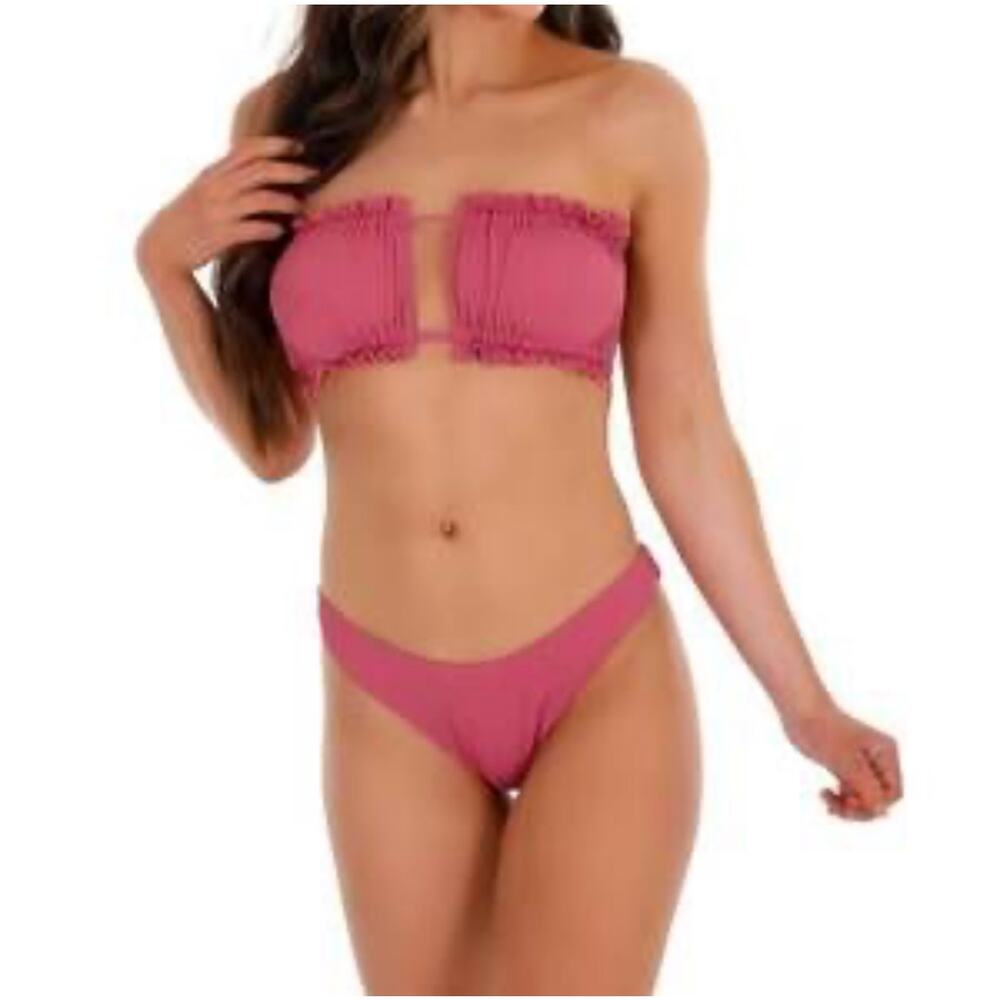 Ribbed 2-pc Swimsuit Swimwear Muted Raspberry Pink Bikini Matching Swim | Large